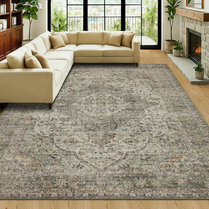 RCTJHOME 9x12 Brown Vintage Oriental Washable Area Rug Non-Slip Soft Carpet