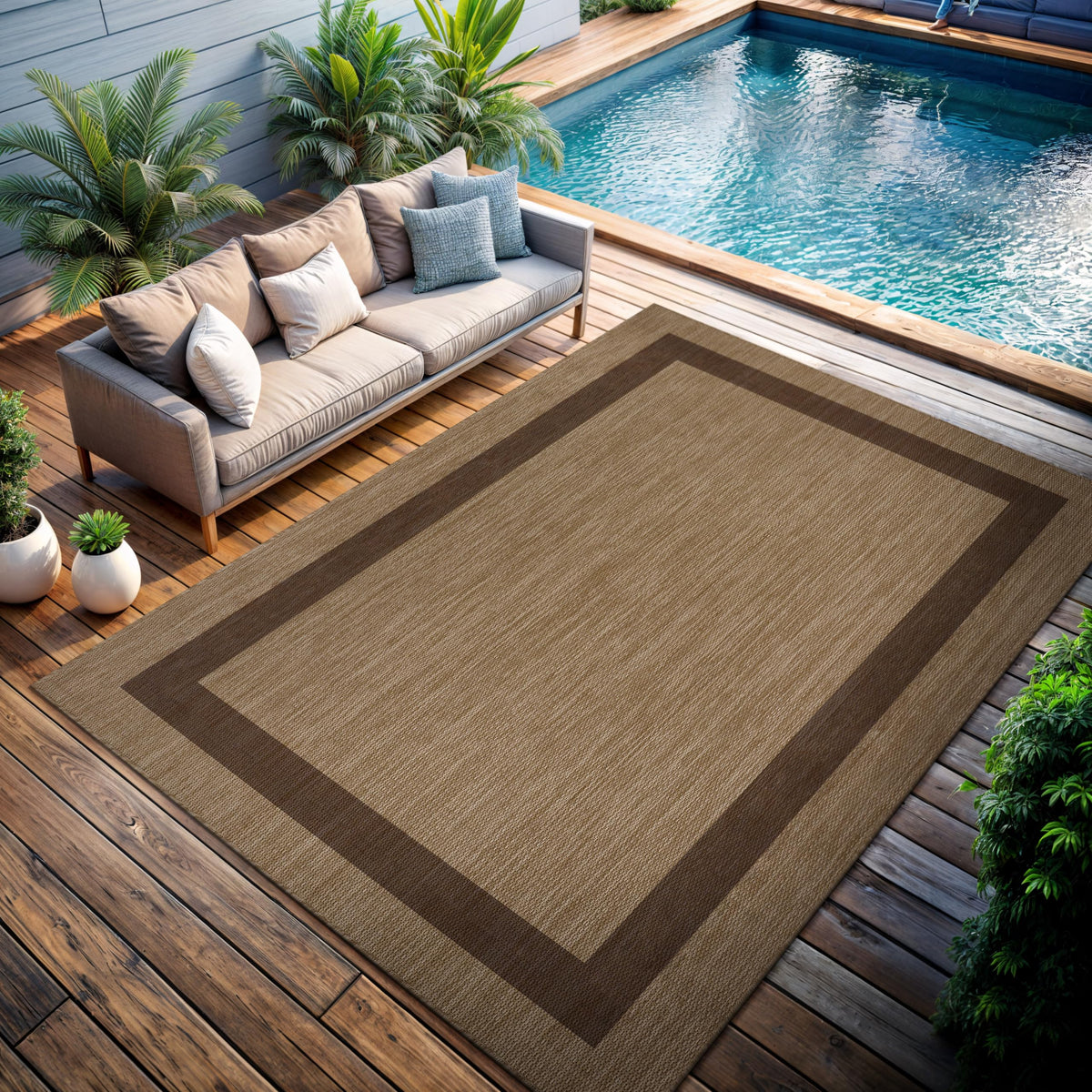 CAMILSON Indoor Outdoor Rug, 6x9 Bordered Dark Grey Black Modern Area Rugs for Indoor and Outdoor Patios, Kitchen and Hallway Mats, Washable Porch Deck Outside Carpet (Bordered Black, 6 x 9)