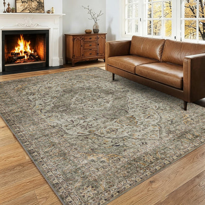 RCTJHOME 9x12 Brown Vintage Oriental Washable Area Rug Non-Slip Soft Carpet