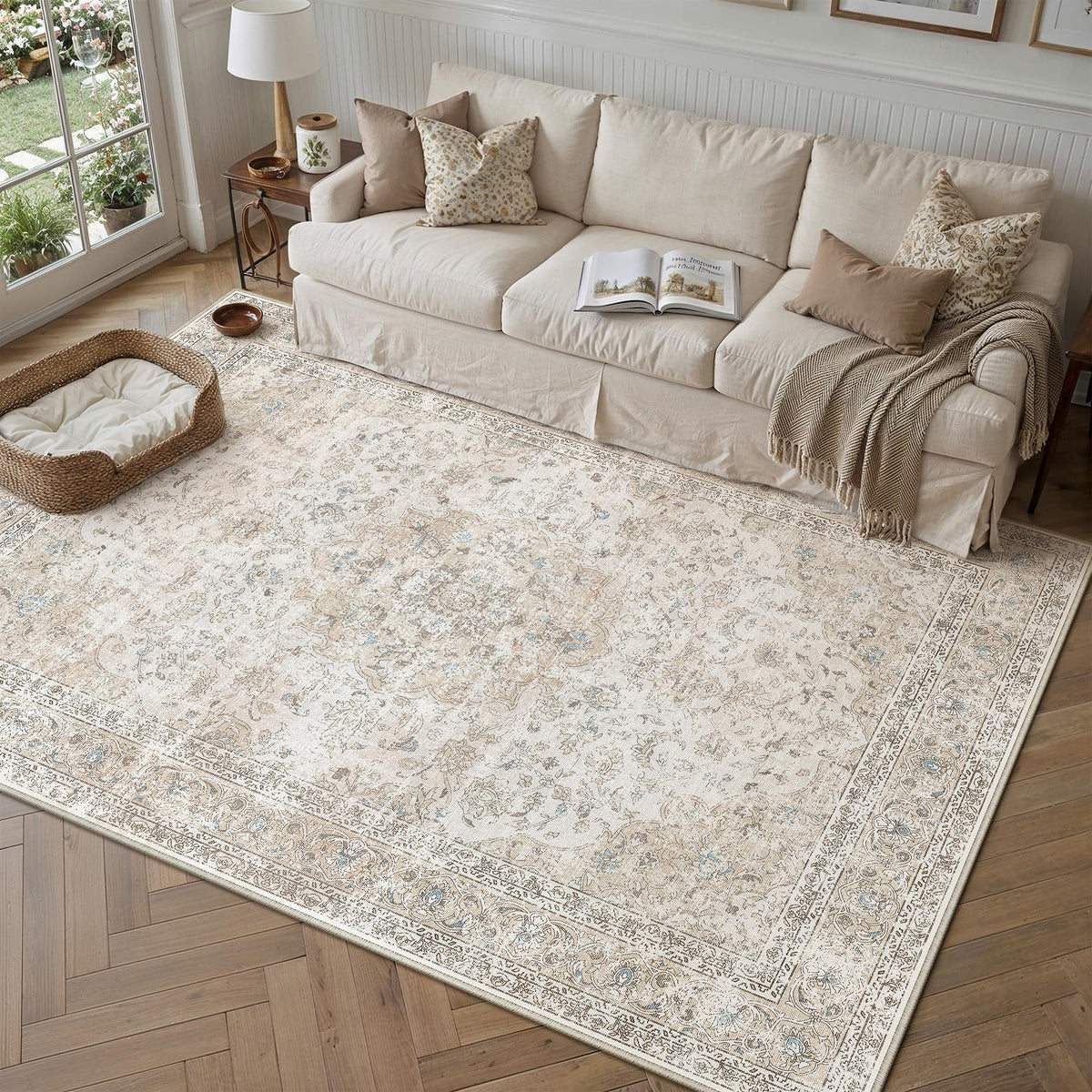 8x10 Washable Area Rug Beige Grey Non Slip Vintage Carpet