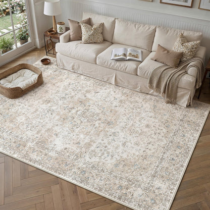8x10 Washable Area Rug Beige Grey Non Slip Vintage Carpet