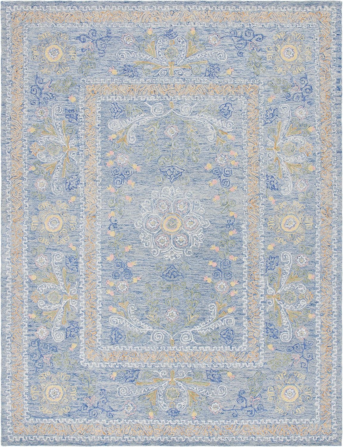 SAFAVIEH Micro-Loop Collection Area Rug - 9' x 12', Blue & Green, Handmade Wool, Ideal for High Traffic Areas in Living Room, Bedroom (MLP522M)