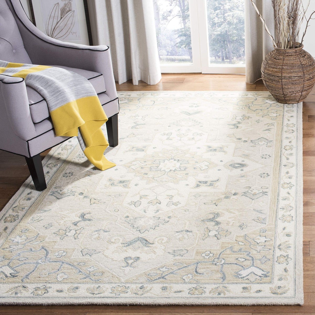 SAFAVIEH Micro-Loop Collection Area Rug - 9' x 12', Light Grey & Ivory, Handmade Medallion Wool, Ideal for High Traffic Areas in Living Room, Bedroom (MLP505F)