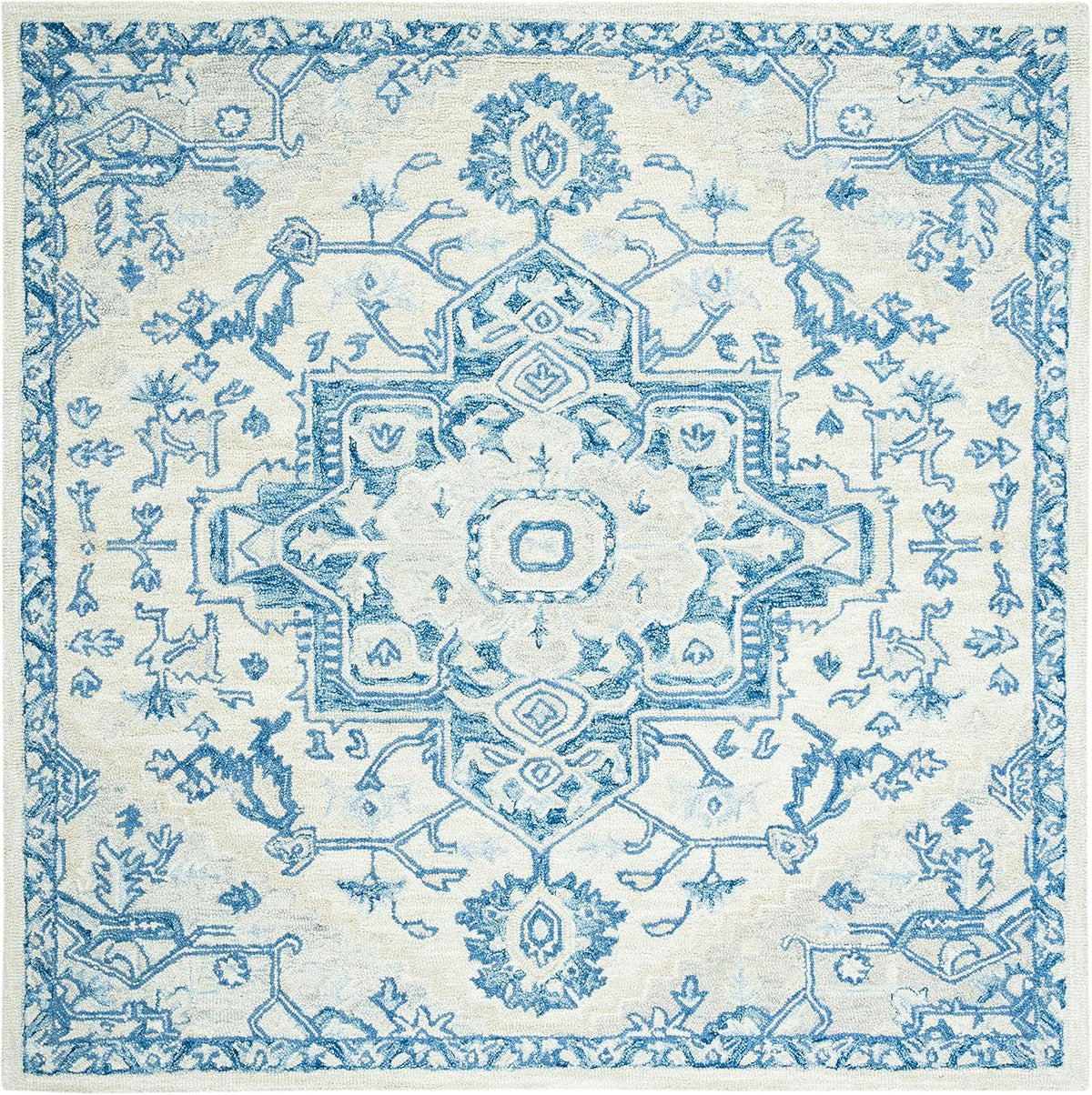 SAFAVIEH Micro-Loop Collection Area Rug - 5' Square, Ivory & Blue, Handmade Shabby Chic Medallion Wool, Ideal for High Traffic Areas in Living Room, Bedroom (MLP503G)