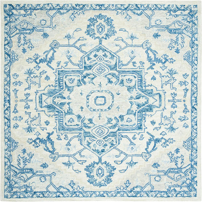 SAFAVIEH Micro-Loop Collection Area Rug - 5' Square, Ivory & Blue, Handmade Shabby Chic Medallion Wool, Ideal for High Traffic Areas in Living Room, Bedroom (MLP503G)