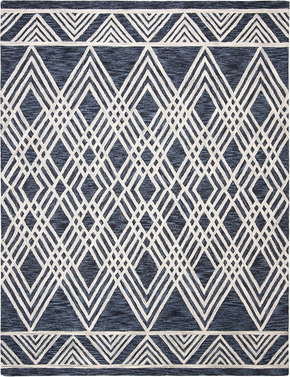 SAFAVIEH Area Rug 8x10 - Micro-Loop Collection - Large - Navy & Ivory, Handmade Wool, Moroccan Tribal Design, Ideal for Living Room, Bedroom, Office, Dining Space (MLP155N)
