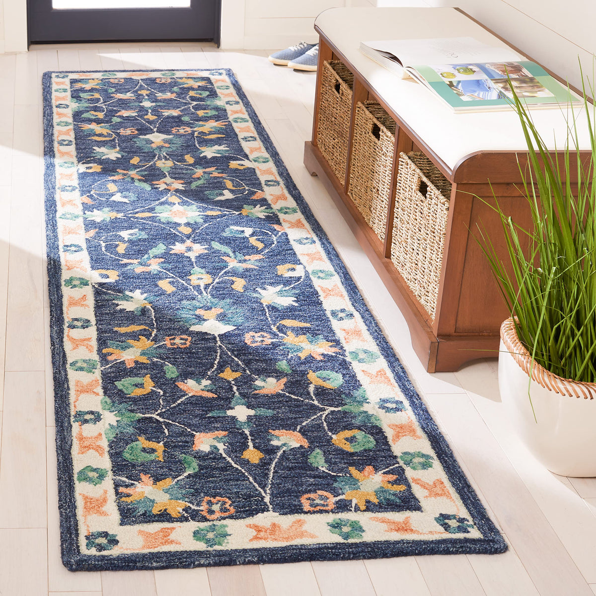 SAFAVIEH Micro-Loop Collection Accent Rug - 4' x 6', Blue & Ivory, Handmade French Country Scroll Floral Oriental Wool, Ideal for High Traffic Areas in Entryway, Living Room, Bedroom (MLP385M)