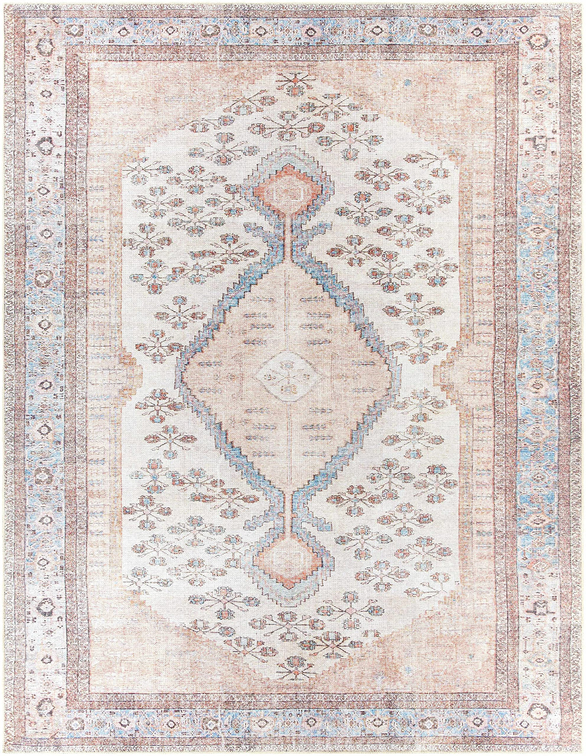 BoutiqueRugs Washable Ivory Medallion 2x4 Accent Rug Traditional Sand Light Blue Brown Analu Entryway Bedside Nursery Mudroom Bathroom Powder Room 2'7" x 4' Easy Clean Stain Resistant