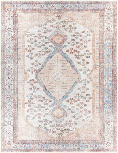BoutiqueRugs Washable Ivory Medallion 2x4 Accent Rug Traditional Sand Light Blue Brown Analu Entryway Bedside Nursery Mudroom Bathroom Powder Room 2'7" x 4' Easy Clean Stain Resistant