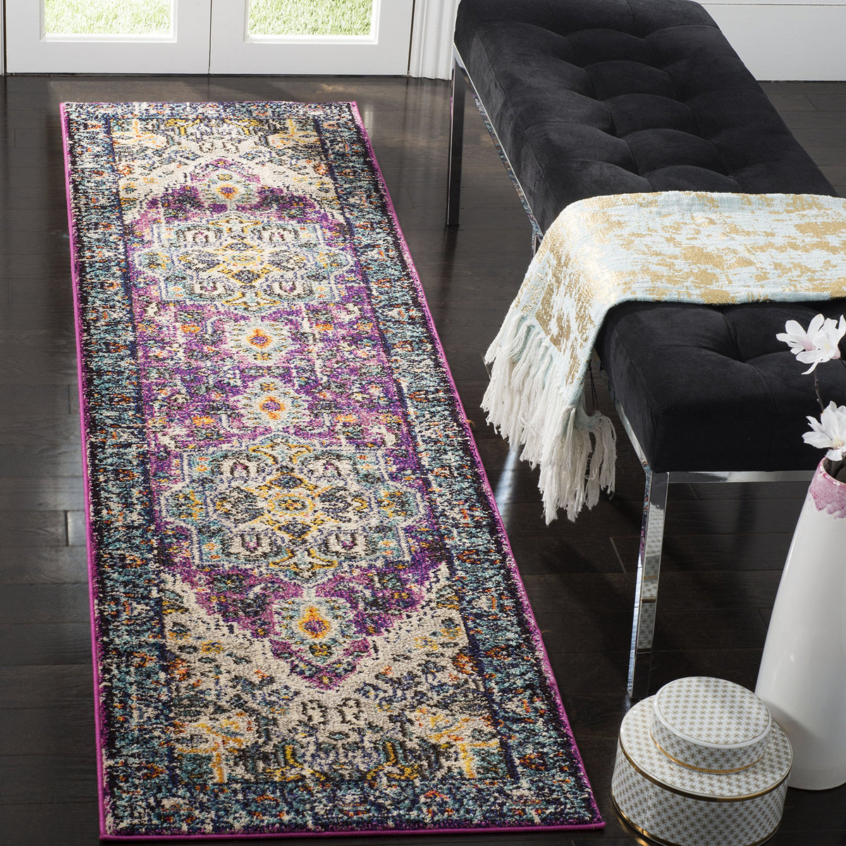 SAFAVIEH Monaco Collection Accent Rug - 4' x 5'7", Violet & Light Blue, Medallion Distressed Design, Non-Shedding & Easy Care, Ideal for High Traffic Areas in Entryway, Living Room, Bedroom (MNC251L)