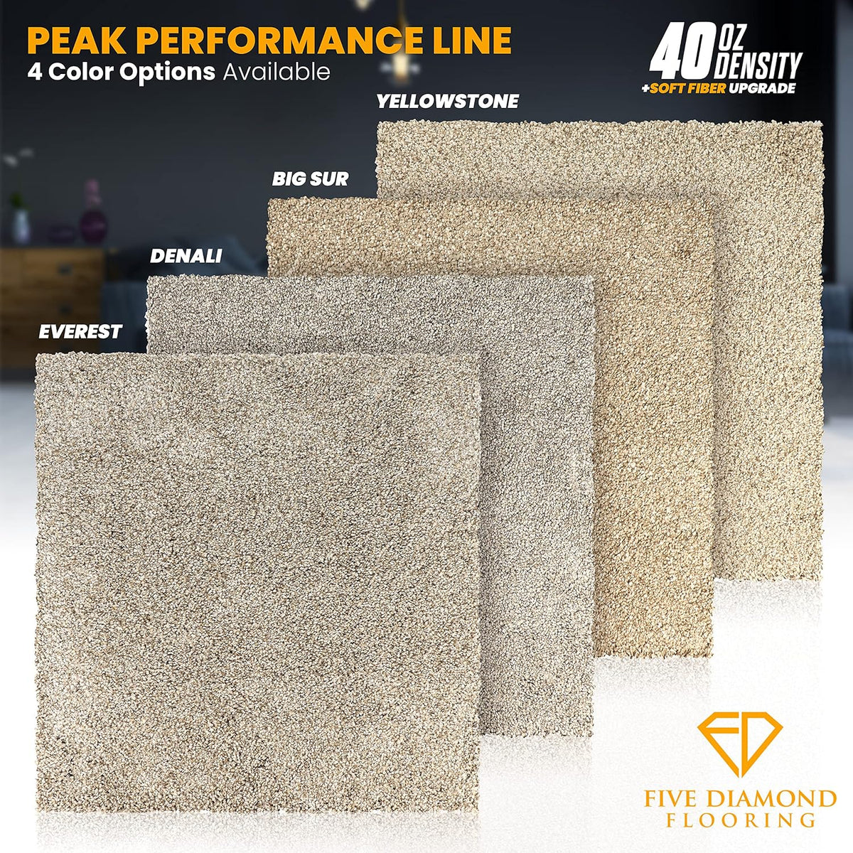 Peak Performance Peel and Stick Carpet Tiles with Attached Cushion, Easy DIY Install, Soft Residential Carpet, Seamless Appearance (Everest, 10 Tiles - 22.5 Square Feet)