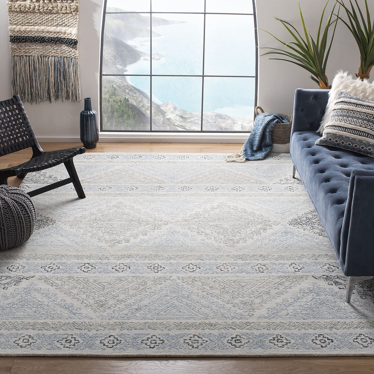 SAFAVIEH Micro-Loop Collection Area Rug - 9' x 12', Ivory & Grey, Handmade Moroccan Boho Wool, Ideal for High Traffic Areas in Living Room, Bedroom (MLP206A)