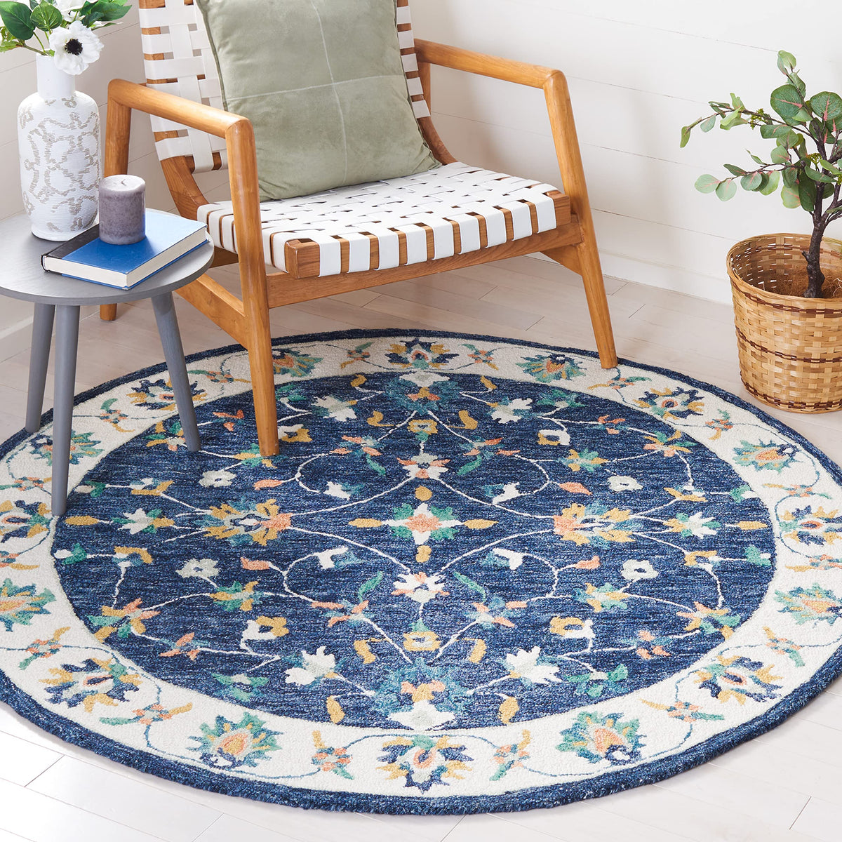 SAFAVIEH Micro-Loop Collection Accent Rug - 4' x 6', Blue & Ivory, Handmade French Country Scroll Floral Oriental Wool, Ideal for High Traffic Areas in Entryway, Living Room, Bedroom (MLP385M)