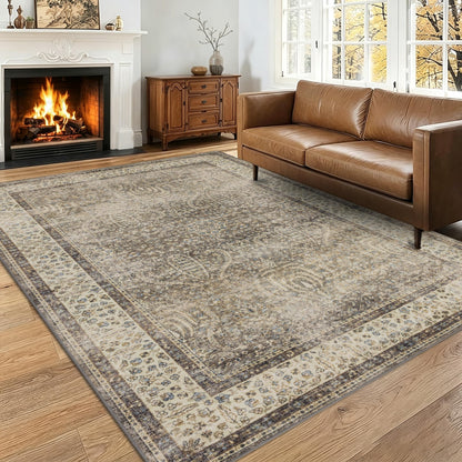 RCTJHOME 9x12 Brown Vintage Oriental Washable Area Rug Non-Slip Soft Carpet
