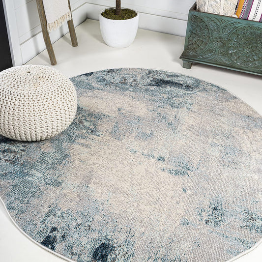 JONATHAN Y Modern Abstract Vintage Cream/Blue 8' Round Indoor Area Rug, Contemporary POP, Transitional, Easy-Cleaning for Living Room, Bedroom, Kitchen, Pet Friendly, Non-Shedding (CTP104A-8R)