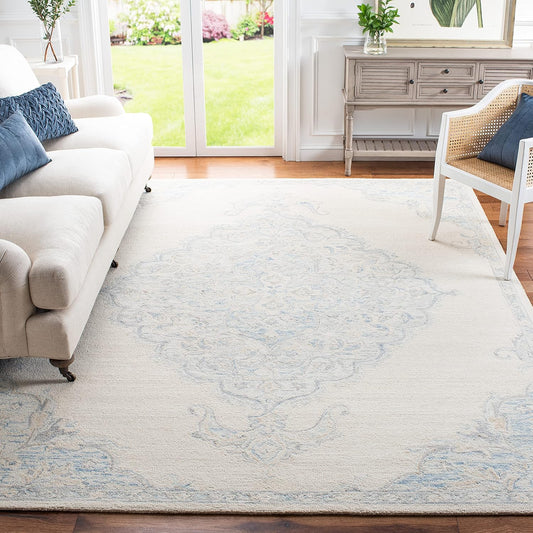 SAFAVIEH Area Rug 8x10 - Micro-Loop Collection - Large - Ivory & Blue, Handmade Wool, Ideal for Living Room, Bedroom, Office, Dining Space (MLP516A)