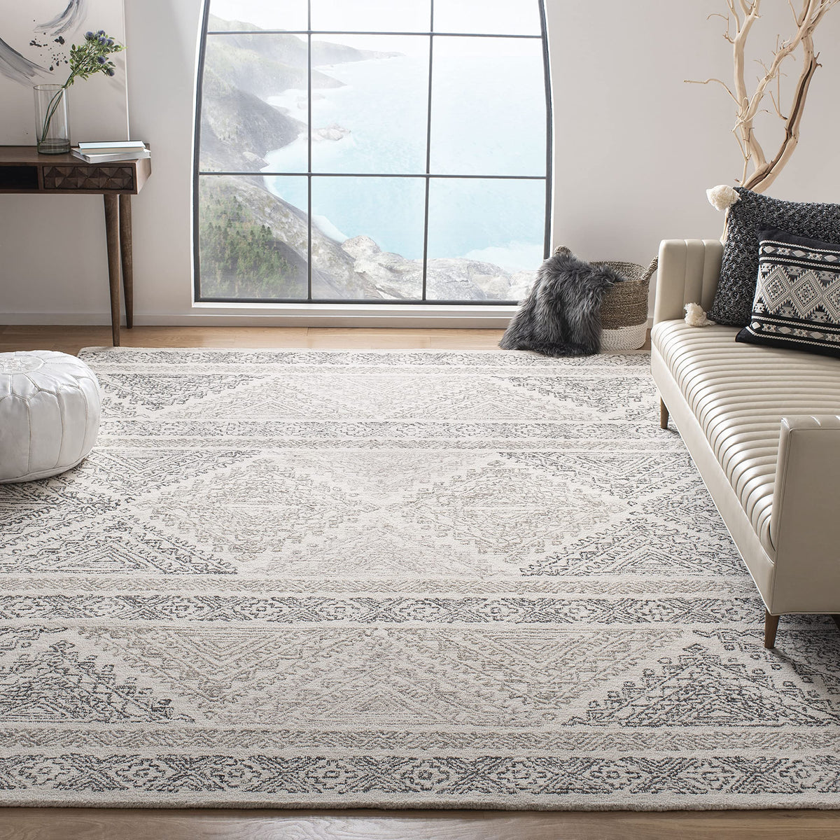 SAFAVIEH Micro-Loop Collection Area Rug - 9' x 12', Ivory & Grey, Handmade Moroccan Boho Wool, Ideal for High Traffic Areas in Living Room, Bedroom (MLP206A)