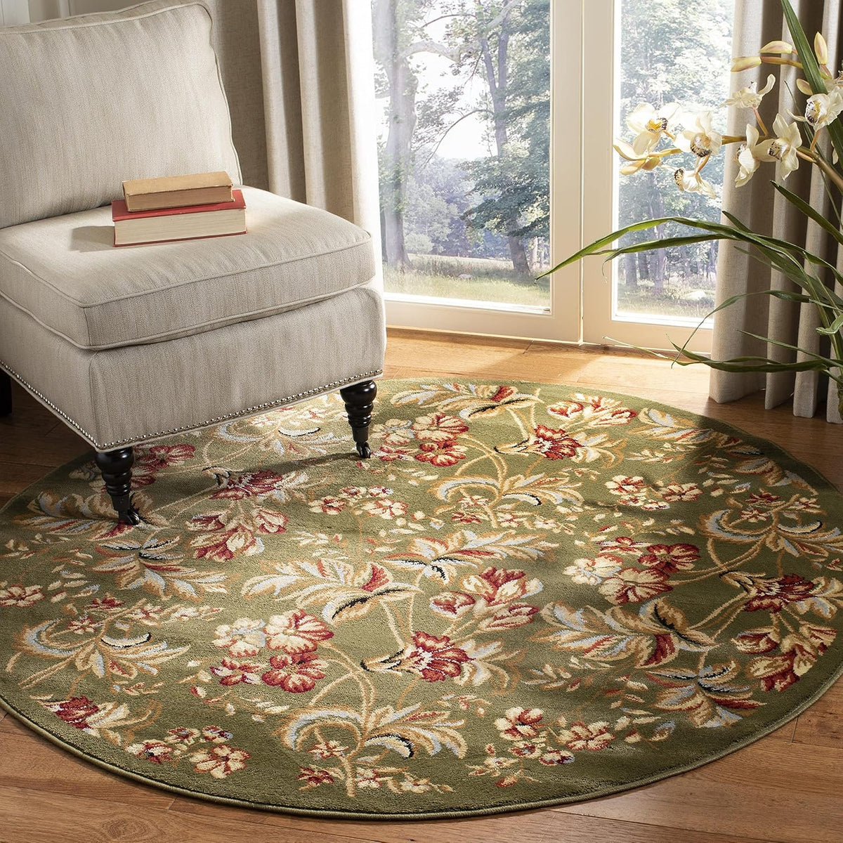 SAFAVIEH Lyndhurst Collection Area Rug - 5'3" Round, Sage, Traditional Floral Design, Non-Shedding & Easy Care, Ideal for High Traffic Areas in Living Room, Bedroom (LNH326B)