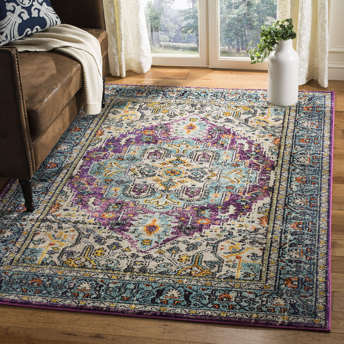 SAFAVIEH Monaco Collection Accent Rug - 4' x 5'7", Violet & Light Blue, Medallion Distressed Design, Non-Shedding & Easy Care, Ideal for High Traffic Areas in Entryway, Living Room, Bedroom (MNC251L)